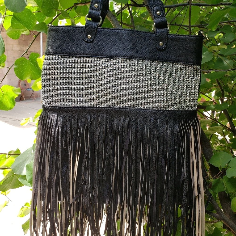 🦊 New Blinged Crystal & Fringe Handbag Faux Leather